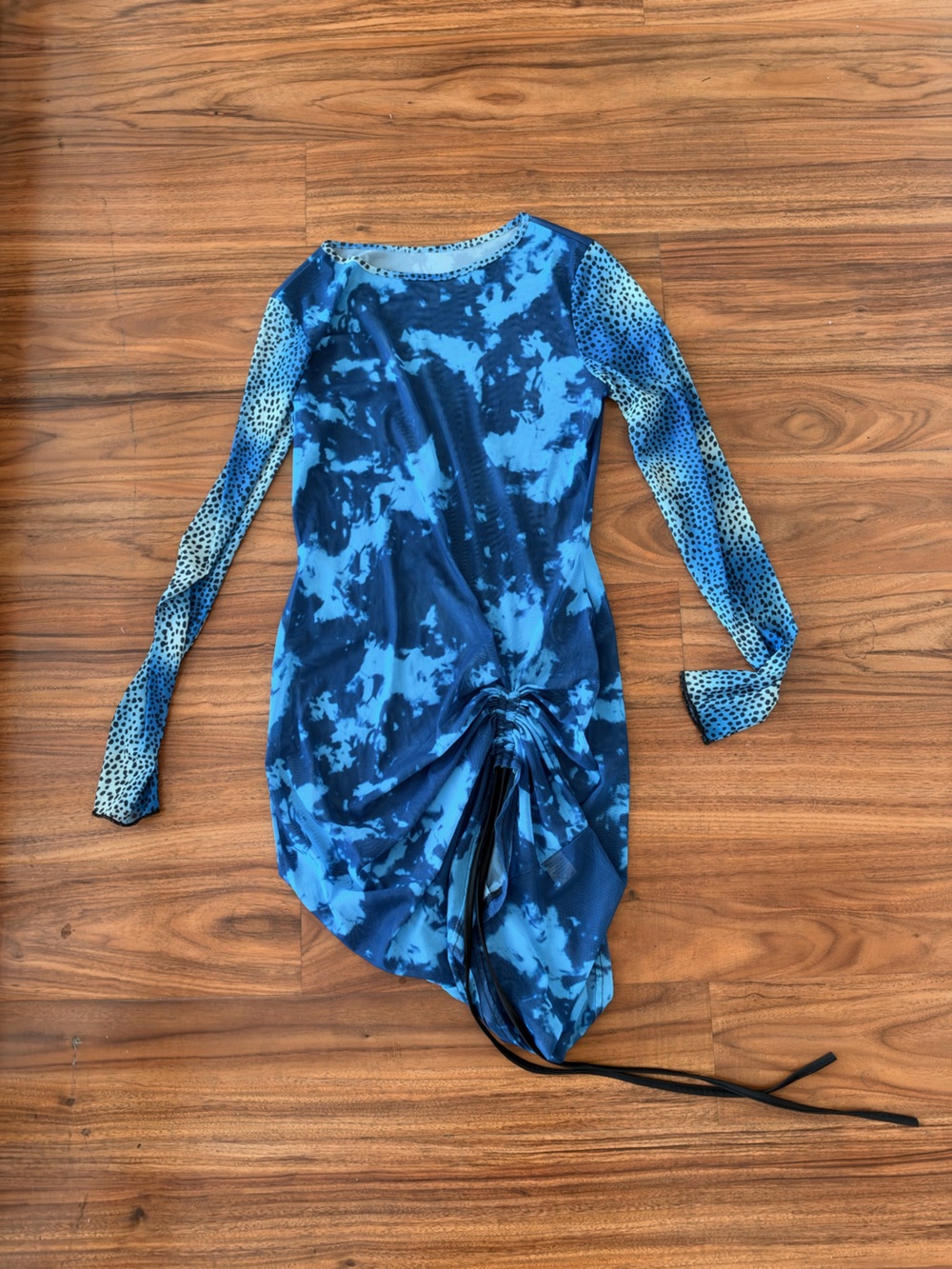 Blue Tie-Dye Ruched bodycon Long Sleeve mesh dress